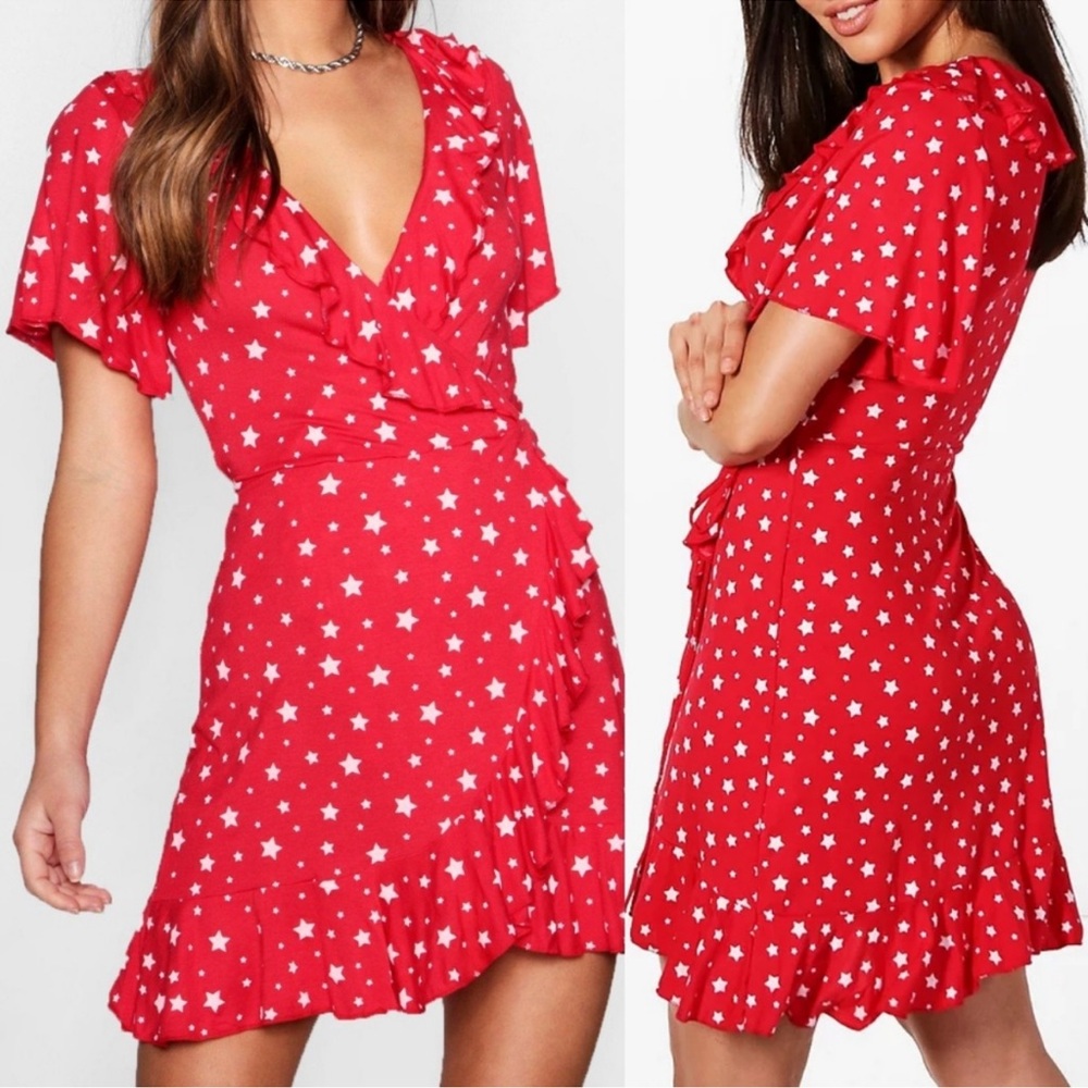 Boohoo Star Print Red Faux Wrap Ruffle Hem Sleeves Mini Dress